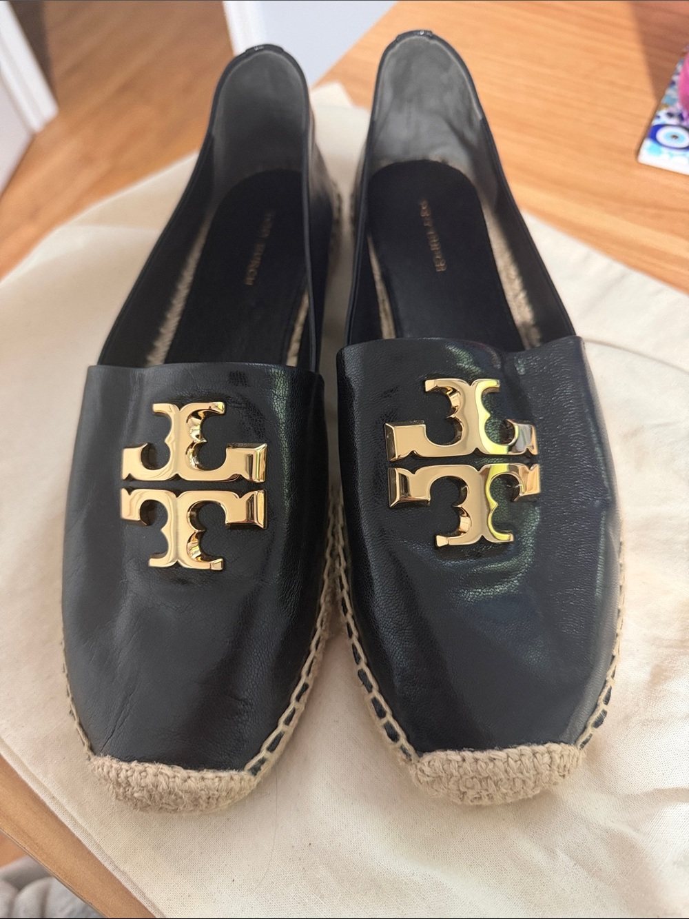 Tory Burch Black Leather Espadrilles with Gold Logo Medallions